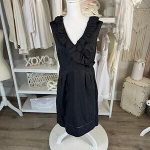 Ann Taylor Loft sz. 8 little black cotton dress ruffle summer, side zip #3805